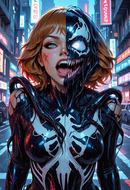 masterpiece, best_quality, amazing quality, newest, add detail, sharp focus, real skin, realistic, 2.8d, gradation grading, color contrast, impressionism, neon colors palette, april o'neil, Venom symbiote, bonding with venom, using venom symbiote abilities, venom busting out of her chest, intersection road, vehicles stuck in traffic jam,