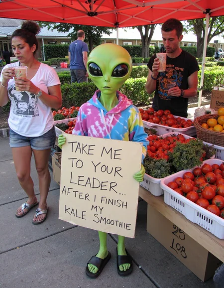 In a wide shot, a bored-looking alien of slim build with green skin and oversized black eyes stands in a farmerâs market holding a sign that reads, âTAKE ME TO YOUR LEADER⦠AFTER I FINISH MY KALE SMOOTHIE.â The alien is dressed in a tie-dye hoodie and Birkenstocks, blending right in with the hipsters nearby. In the background, a farmer selling organic tomatoes does a double-take, while a yoga instructor sips on kombucha, completely unfazed <lora:amateurphoto-v6-forcu:0.8>