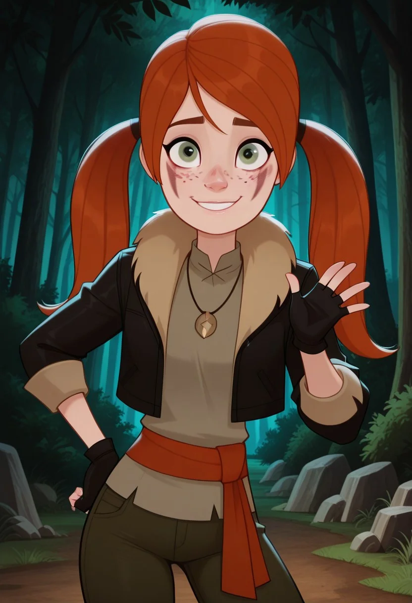 score_9,score_8_up,score_7_up,score_6_up, masterpiece, best quality, very aesthetic, 2d, ((thin lines)),
volumetric lighting, cinematic lighting, moody lighting, dramatic shadows,
detailed background, outside, forest, leaf canopy, rocks, trees, bushes, grass, daytime,
BREAK
1girl, (face focus), solo, female, Perfect Body, (Perfect Anatomy), catalina_illus, green eyes, facial mark, freckles, twintails, orange hair, necklace,
smile, looking at viewer,
fingerless gloves, pants, shirt, jacket, fur trim, red sash belt,
(cowboy shot:1.3), (from the front),
standing, waving, one hand on hips, dynamic pose, wide stance,contrapposto,