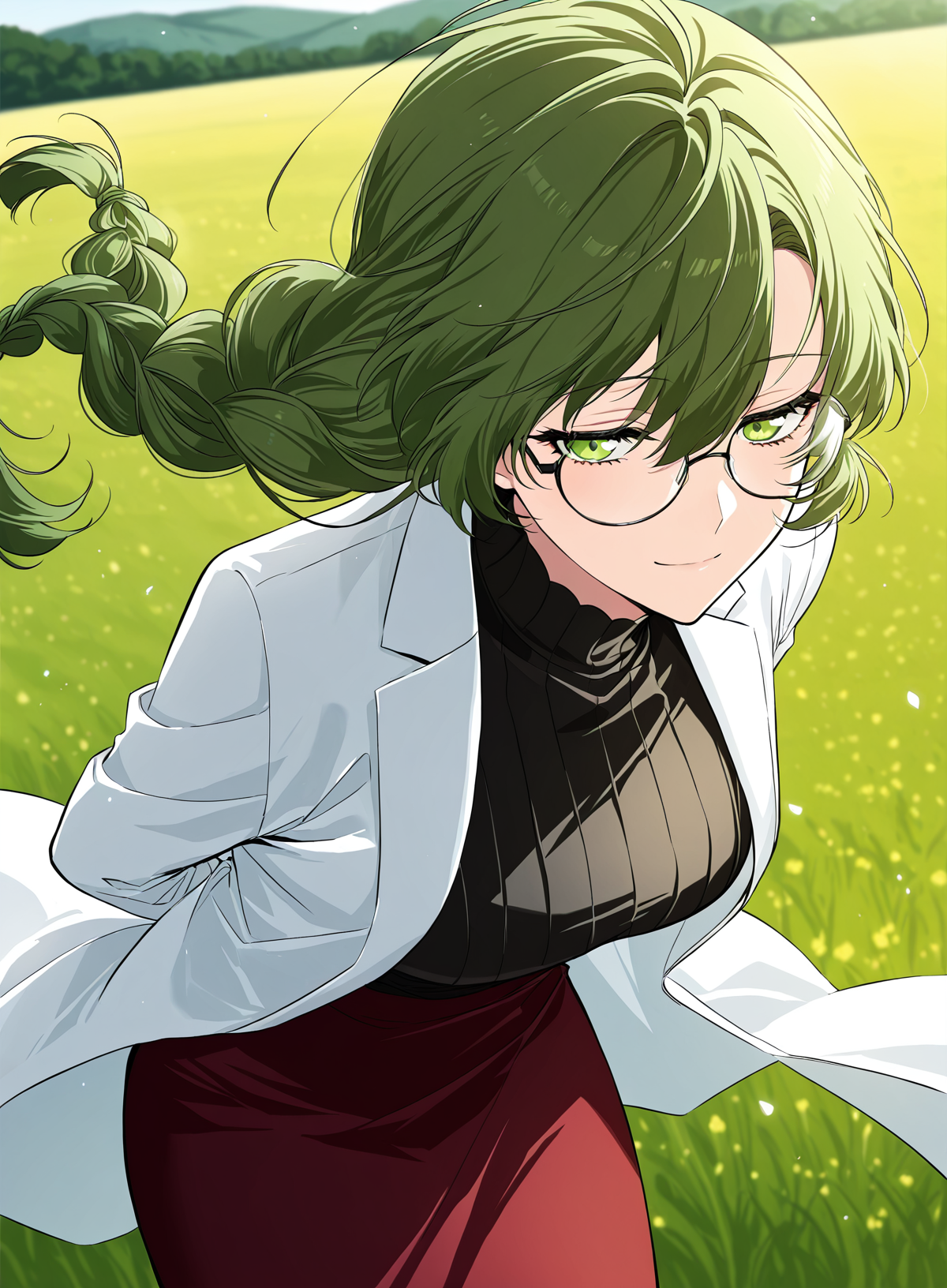 <lora:Master_Alchemist__SSS_Class_Suicide_Hunter__Illustrious:1>
1 girl, solo, green hair, braid, side braid, glasses, green eyes, 
lab coat, white coat, black turtleneck, black blouse, red skirt, long skirt, 
score_9, score_8_up, score_7_up, very aesthetic, source_anime, detailed, high quality, beautiful, masterpiece, detailed eyes, field, blurry background, pose dynamic angle, upper body, cowboy shot, light smile, floating hair, half-closed eyes, hands behind back, leaning forward, looking forward, looking at viewer