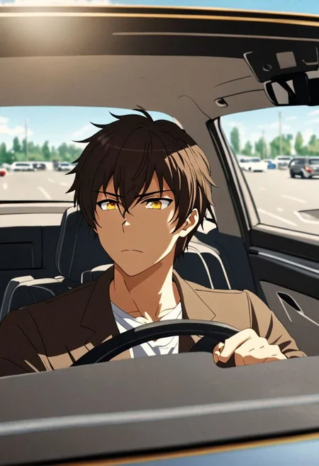 Highres, Masterpiece, High Quality, 4K, 8K, solo, 1Boy, Seiya Kanie, short dark brown hair, golden eyes, driving a car, in a car, parking lot, concentration, serious, focused, tired, cheerful, sunny weather, easynegative, detailed_eye_model