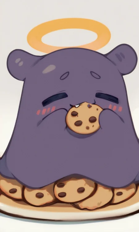 score_9, score_8_up, score_7_up, Takodachi, no humans, chibi, octopus, halo, closed eyes, blush, fang, open mouth,cookie,eating