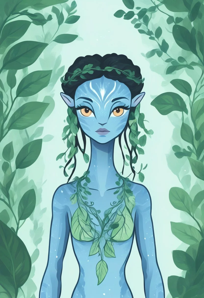 novuschroma57 style flat color cartoon vector of a female Avatar navi alien with blue skin, cleavage, wearing leaf and vines