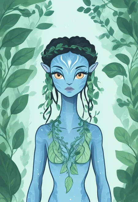 novuschroma57 style flat color cartoon vector of a female Avatar navi alien with blue skin, cleavage, wearing leaf and vines