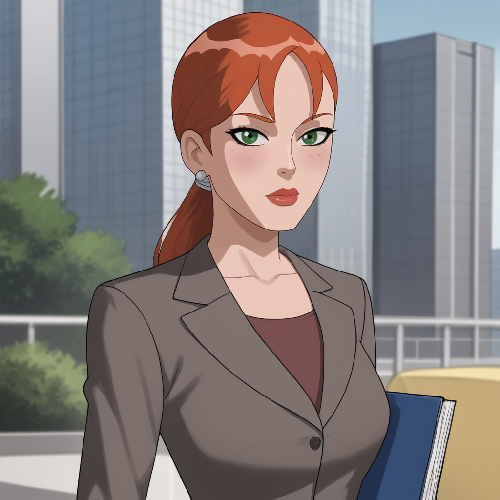 <lora:pepperpottsemh_pony_v1:.7> pepperpottemh, 1girl, pencil skirt, green eyes, grey jacket, lipstick, ponytail, red hair, earrings, jewelry, makeup, black skirt, office lady, formal, long hair, suit, shirt