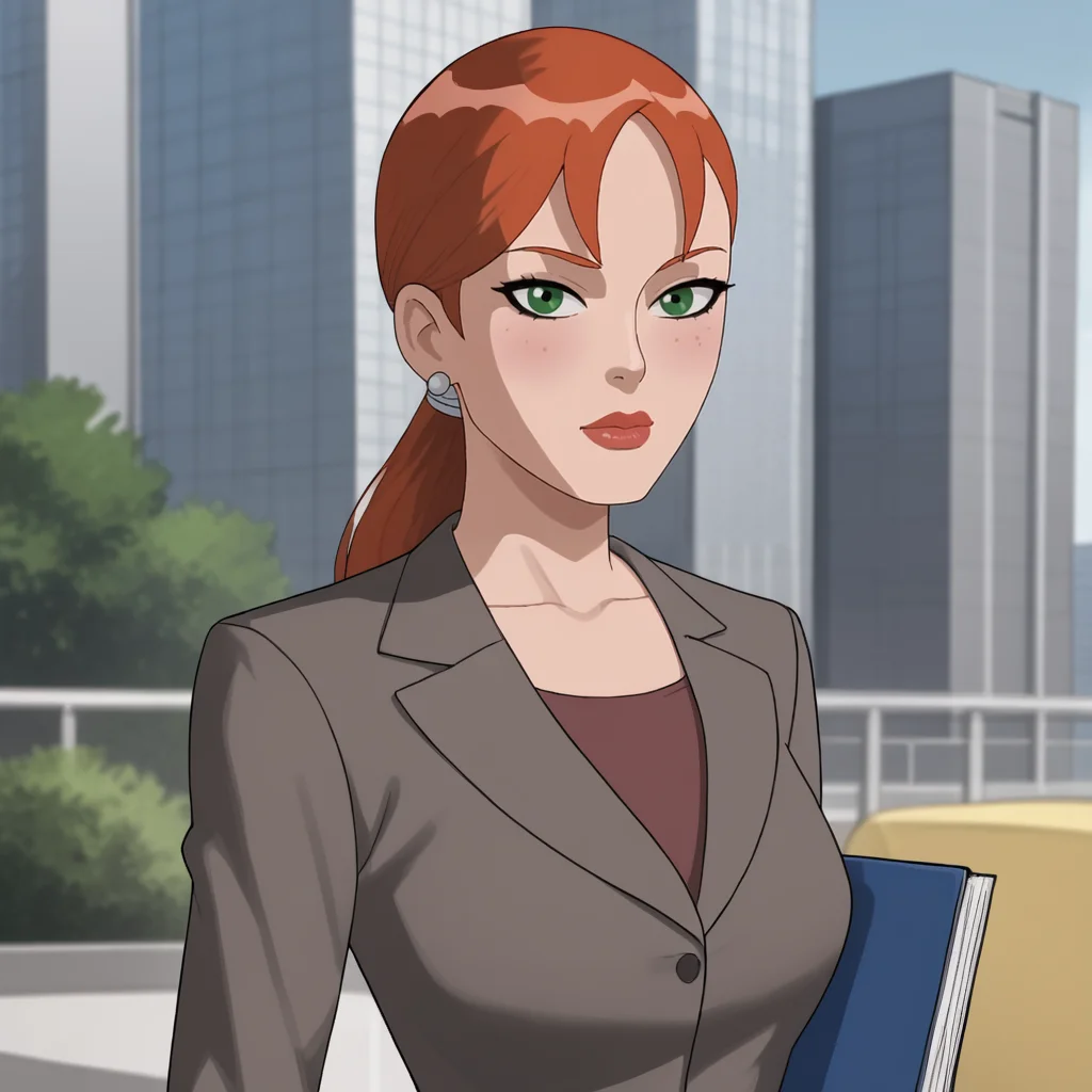 <lora:pepperpottsemh_pony_v1:.7> pepperpottemh, 1girl, pencil skirt, green eyes, grey jacket, lipstick, ponytail, red hair, earrings, jewelry, makeup, black skirt, office lady, formal, long hair, suit, shirt