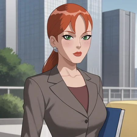 <lora:pepperpottsemh_pony_v1:.7> pepperpottemh, 1girl, pencil skirt, green eyes, grey jacket, lipstick, ponytail, red hair, earrings, jewelry, makeup, black skirt, office lady, formal, long hair, suit, shirt