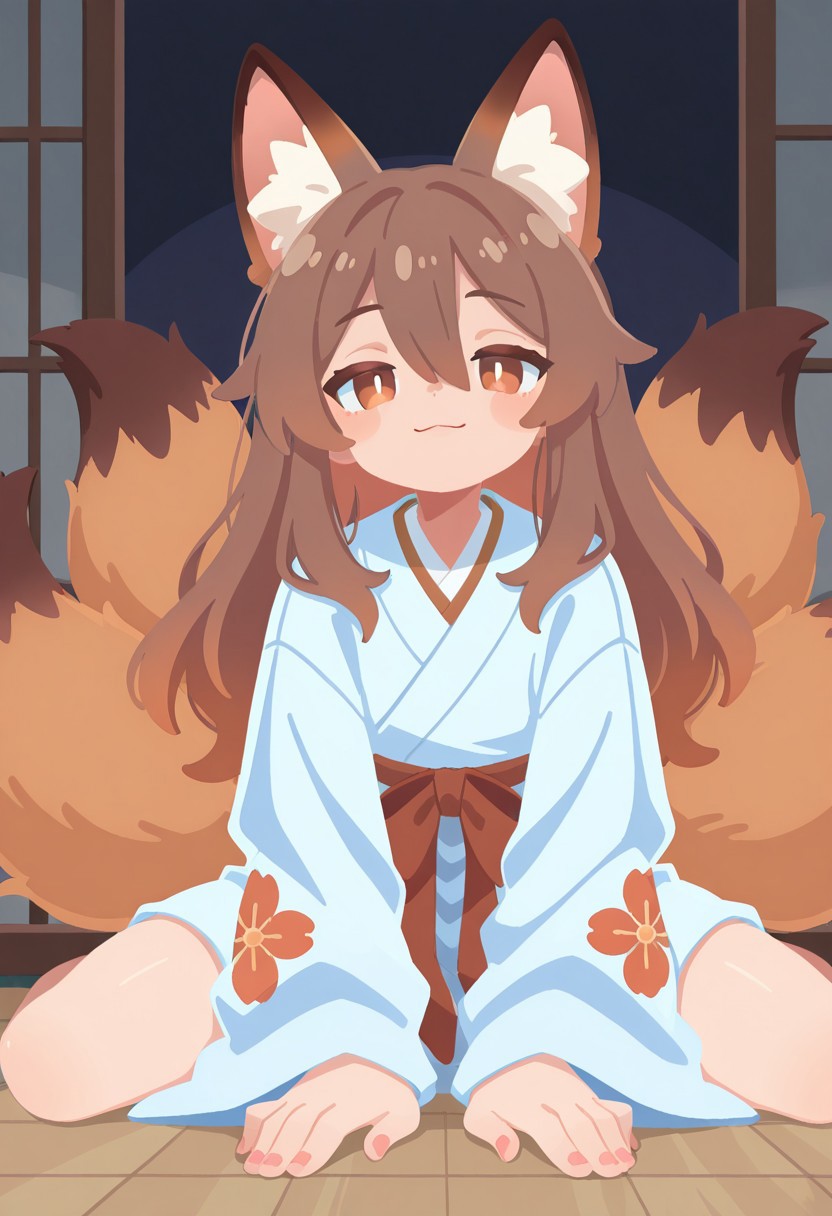 Safe,  uncensored, highest quality, masterpiece, intricate details, highly detailed, dynamic shot, dynamic pose, 1 boy, solo, brown fox ears, long hair, long bangs, brown hair, fox tail, nine tails, otoko no ko, femboy:0.5, masculine eyes, masculine face:0.8, yandere, sitting on floor, chiaroscuro, very awa, t4kar4i_illu, no_outlines,no lineart