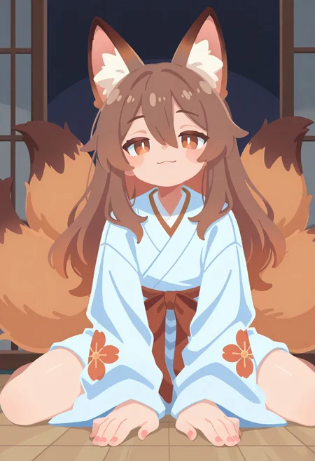 Safe, uncensored, highest quality, masterpiece, intricate details, highly detailed, dynamic shot, dynamic pose, 1 boy, solo, brown fox ears, long hair, long bangs, brown hair, fox tail, nine tails, otoko no ko, femboy:0.5, masculine eyes, masculine face:0.8, yandere, sitting on floor, chiaroscuro, very awa, t4kar4i_illu, no_outlines,no lineart