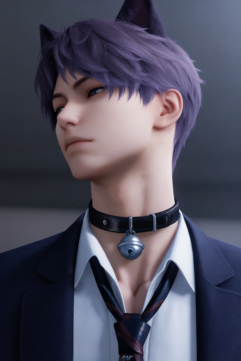 <lora:rafayel-NAI:0.7>,Rafayel, 1boy, male focus, solo, short hair, shirt, white shirt, closed mouth, blurry, collared shirt, jacket, necktie, looking to the side, animal ears, collar, cat ears, from below, bell, cat boy, jingle bell, neck bell, purple hair, yaoi,bara,male focus,very awa,masterpiece,best quality,amazing quality,nsfw,uncersored,highres,best quality,amazing quality,best aesthetic,absurdres,