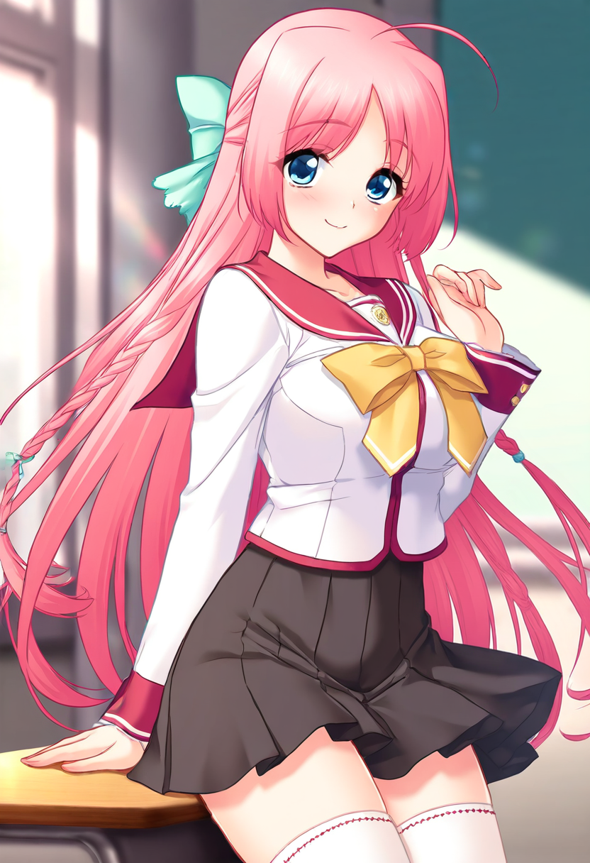 <lora:miyaIL:0.8>m1ya,solo,long hair,blush,blue eyes,ribbon,pink hair,braid,ahoge,white and red school uniform,long sleeves,serafuku,yellow bow,black pleated skirt,thighhighs,smile, very awa, masterpiece, best quality, amazing quality, very aesthetic, absurdres, sensitive, newest <lora:spo_sdxl_10ep_4k-data_lora_webui:0.7>,