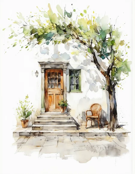 AquarelleIV. A watercolor painting of a traditional white house with a green door and a wooden door, set against a white background. the house has a simple, white stucco exterior with a set of stone steps leading up to the front door. There are two potted plants on either side of the stairs, one is a potted plant and the other is a wicker chair. a tree with green leaves is leaning over the door, casting a shadow on the ground. the door is closed, and there is a small window on the left side. the overall atmosphere of the image is peaceful and serene, with a sense of tranquility and tranquility.