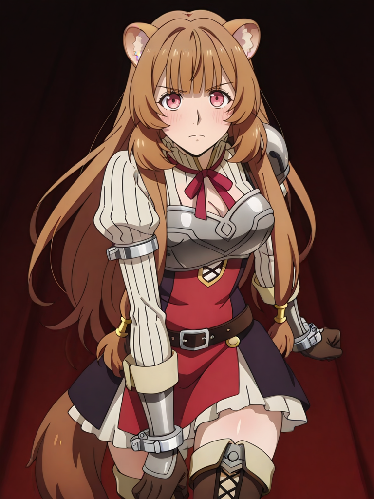 32k, Super-Resolution, <lora:illustrious_quality_modifiers_masterpieces_v1:1> masterpiece, (very aesthetic:1.4), absurdres, Digital Art, lazypos, body blush, 16-bit RGB, Artwork,(detailed:1.4) , <lora:StS-Illustrious-Detail-Slider-v1.0:4>, (dynamic pose:1.5), <lora:anime_screencap:1> anime screencap, anime coloring, mature female,
BREAK,  <lora:raphtalia:1>,raphtalia, brown hair,very long hair, bangs,long locks, raccoon ears,animal ear fluff,pink eyes, anime screenshot, medium breasts, raccoon tail, raphtaliaDress,red ribbon,neck ribbon, armlet, shoulder armor, armor, dress,long sleeves,gold hair tubes, brown belt,brown gloves,bracelet, zettai ryouiki, brown thigh boots, looking at viewer,
