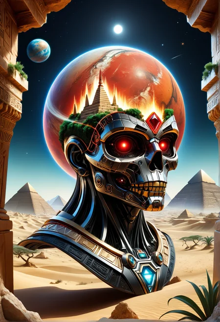 made out of robotlora ral-gamingrig, Vector Art, over the shoulder shot of a Vanitas traditional Golden Age ([Solar system:Planet Mars:2] of Power:1.3) , it is detailed with Zellige and Shabby Chic details, from inside of a Great Pyramid of Giza, spring vegetation, Spring, (art by Tang Yau Hoong:1.2) , Masterpiece, Dark and Gritty, surreal, Beautifully Lit, pinhole lens, CineColor, 64K, dirty, <lora:Robot_SDXL:0.5> <lora:ral-gamingrig-sdxl:0.7>, dynamic, located artistic, winning, highly detail