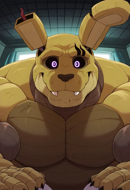 masterpiece, best quality, amazing quality, otsukimi0808, 1boy, solo, SpringtrapKJ, 1boy, mature male, anthro, rabbit, animatronic, robot, olive yellow body, claws, animal ears, black sclera, purple eyes, muscular male, buff, close mouth, close-up, shirtless, random background, random poses