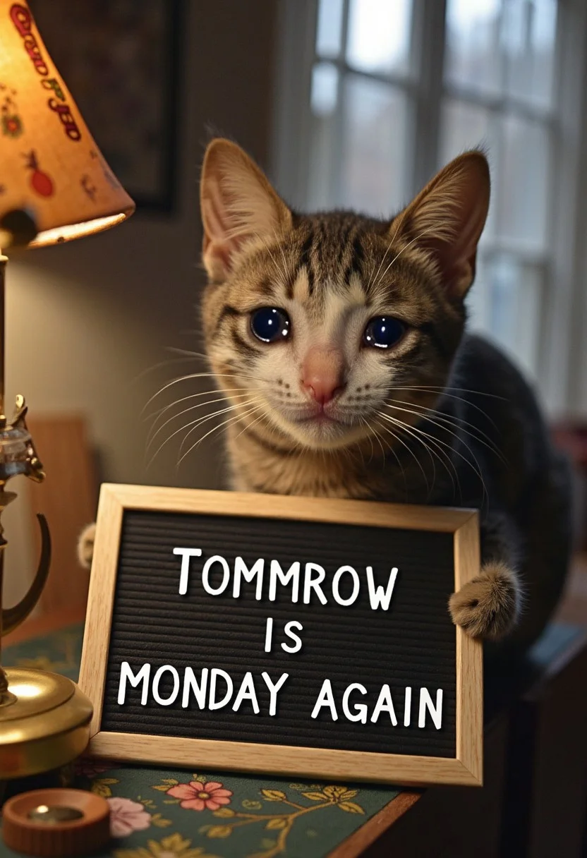 realistic photo of crying cat, sign board saying Tommrow is Monday Again, shallow depth of field, incredibly detailed, hyperrealistic digital photo