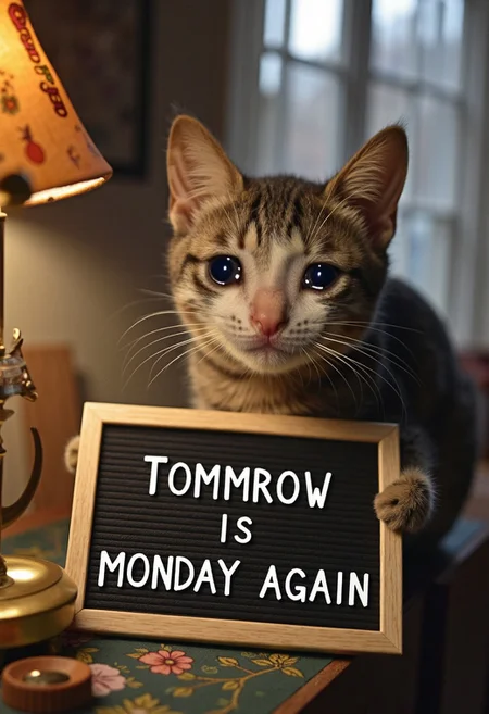realistic photo of crying cat, sign board saying Tommrow is Monday Again, shallow depth of field, incredibly detailed, hyperrealistic digital photo