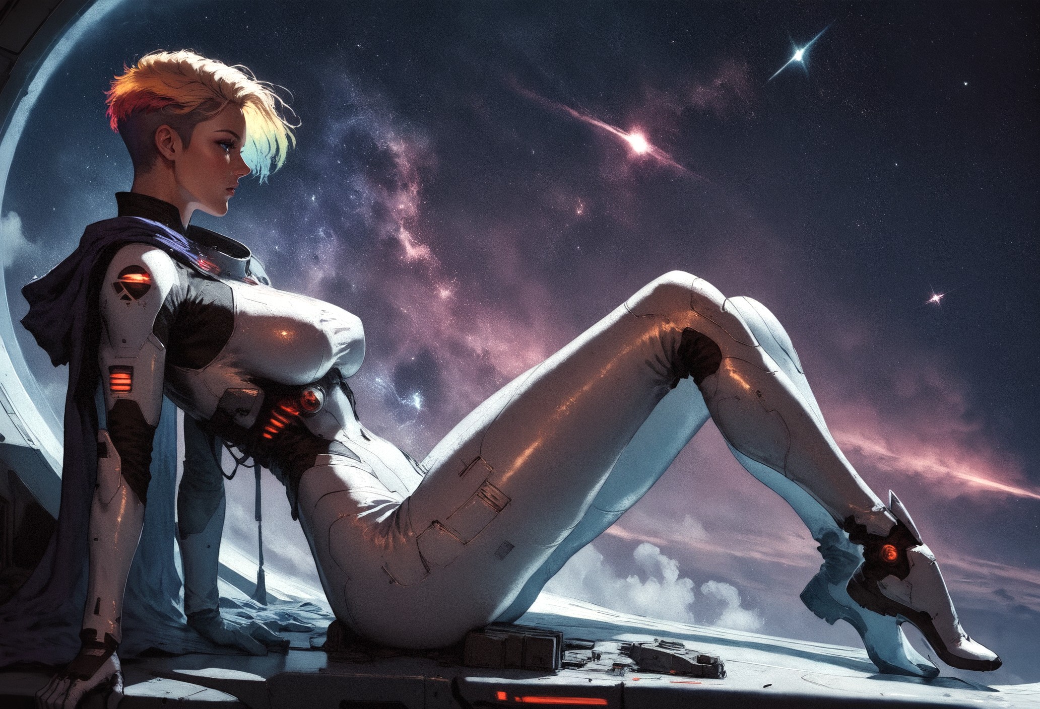 score_9, score_8_up, score_7_up,  side view, full body, woman in a white latex suit, pilot, sitting in spaceship cockpit, galaxy, solo, against night sky, star sky, galaxy, hips, large breasts, Star Trek setting, retrofuturism, blonde hair, (very short hair:1.2), high top cut, red cape, multicolored hair, galactic inner hair  <lora:pony/twilight_style:0.8> concept art <lora:pony/expressiveh:0.8> expressiveh, <lora:pony/kenva:0.7> <lora:sdxl/sinfully_stylish_sdxl>