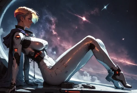 score_9, score_8_up, score_7_up, side view, full body, woman in a white latex suit, pilot, sitting in spaceship cockpit, galaxy, solo, against night sky, star sky, galaxy, hips, large breasts, Star Trek setting, retrofuturism, blonde hair, (very short hair:1.2), high top cut, red cape, multicolored hair, galactic inner hair <lora:pony/twilight_style:0.8> concept art <lora:pony/expressiveh:0.8> expressiveh, <lora:pony/kenva:0.7> <lora:sdxl/sinfully_stylish_sdxl>