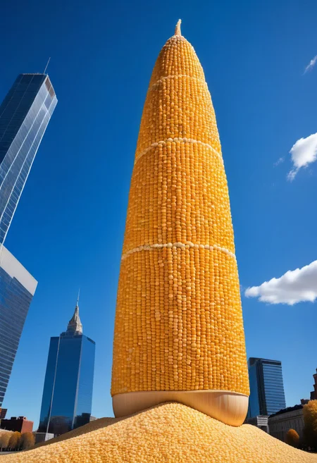 photo of a giant skyscaper made out of Jed-CornK corn kernels under blue sky
