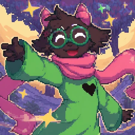 pixel-art score_9,score_8_up,score_7_up,score_6_up,score_5_up,score_4_up, solo anthro, RalseiBlack, upper body, boy, (white eyes), green robe, pink scarf, pink horns, Black fur, ((round glasses, Green glasses)), (happy, dancing), <lora:Ralsei B-W-000016:1>, forest background <lora:pixelbuildings128-v2:0.85>, cartoony . low-res, blocky, pixel art style, 8-bit graphics