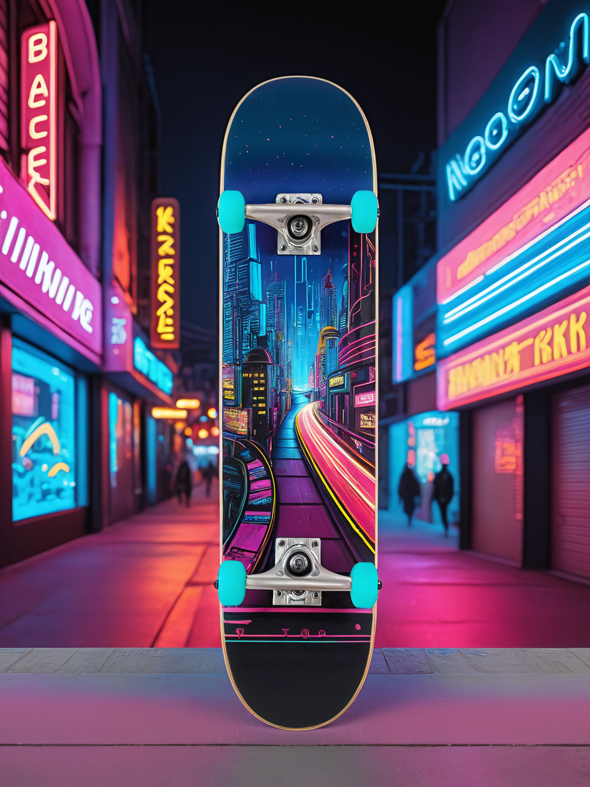 EdobSkate, kateboard with a vibrant cyberpunk cityscape design, neon lights, and futuristic elements, set against the backdrop of a bustling neon-lit street at night <lora:EdobSkate_XL_v1.0:0.8>, best quality, uhd, 8k, detailed