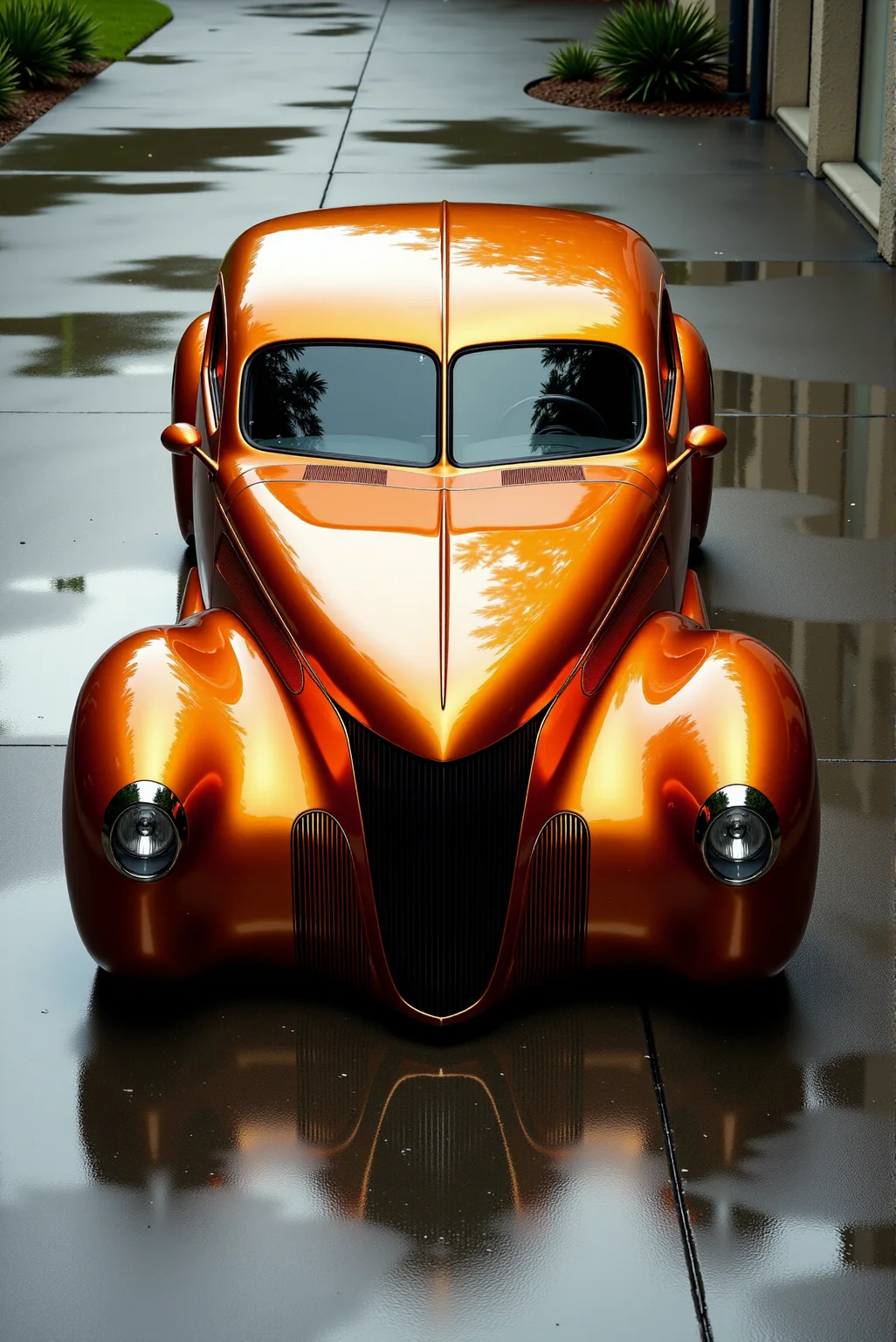 <lora:Hot_rod__style:0.8>
A sleek, custom-built hot rod coupe in high-gloss metallic burnt orange, parked on a wet concrete driveway reflecting distorted architectural shadows, with dramatically oversized fenders curving into fluid teardrop shapes, razor-sharp vertical grille in matte black dominating the pointed front, ultra-low stance with widened wheel arches housing deep-dish chrome rims and ultra-low-profile tires, seamless smoked-glass canopy with flush side windows and integrated mirrors, sculpted hood lines converging into a sharp central ridge, subtle Art Deco influence merged with futuristic design cues, elongated rear tapering into a narrow silhouette under diffused overcast lighting. DoubleStream Style Layer: hyper-realistic automotive photography with soft overcast lighting and reflective surface detailing, triadic palette of burnt orange, chrome silver, and matte black with amber highlights, retro-futurist fusion style blended with luxury concept car aesthetics, low-angle perspective with slight wide lens distortion enhancing volume and curvature, contrast between ultra-glossy bodywork and matte grille textures