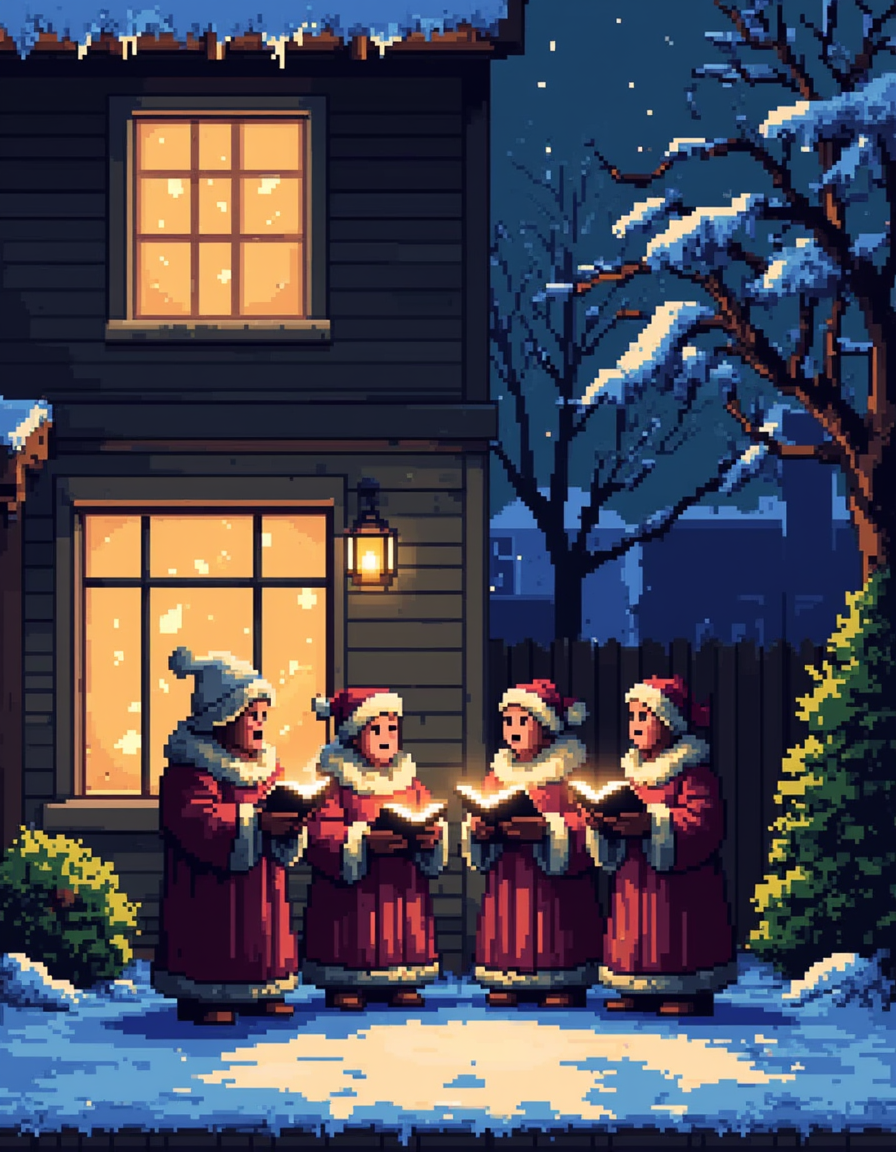 A pixel art illustration of a group of carollers singing outside of a house. A warm glow coming from inside the house.<lora:General Flux\pixel-art-christmas.safetensors:0.9:1.0>