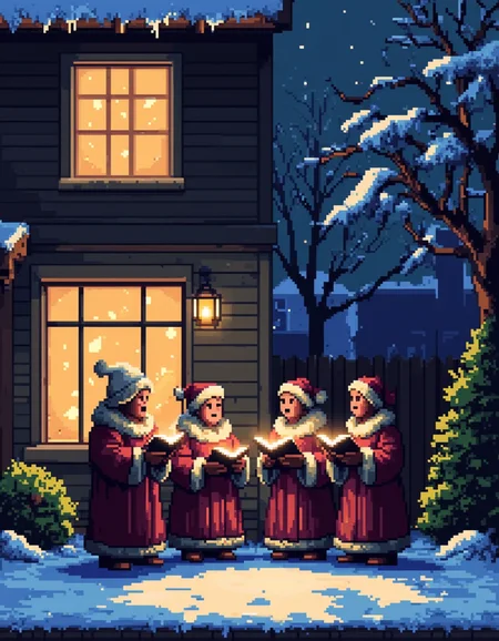 A pixel art illustration of a group of carollers singing outside of a house. A warm glow coming from inside the house.<lora:General Flux\pixel-art-christmas.safetensors:0.9:1.0>