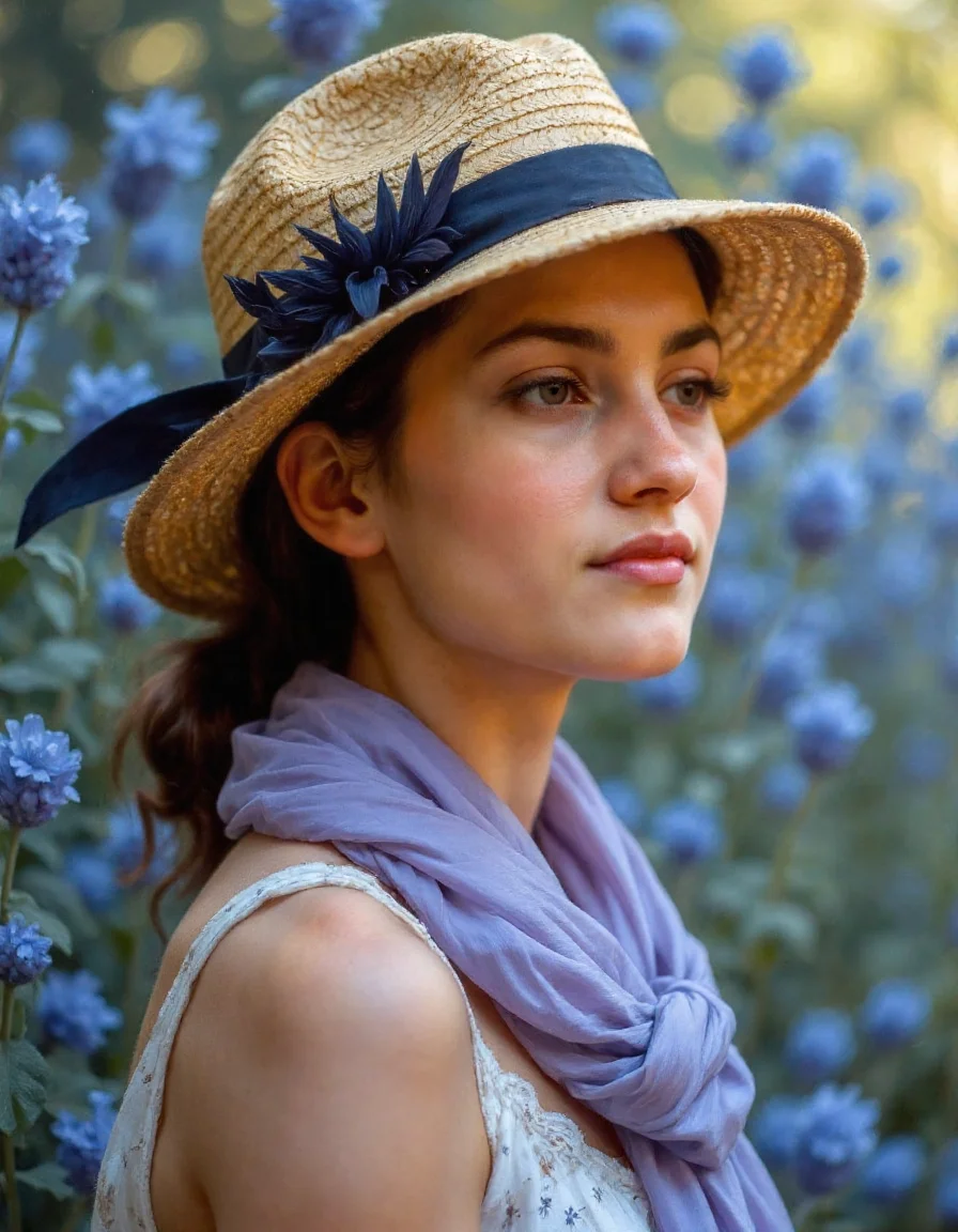 tilt-shift photo of A young woman, adorned with a wide-brimmed straw hat embellished by a dark ribbon and feather, gazes pensively towards the right, a lavender scarf draped gracefully over her floral sundress. Her luminous skin is highlighted against a dreamy backdrop of blended blues and golds, reminiscent of a Monet landscape. Capture this scene in the style of John Singer Sargent and Morgan Weistling, employing Impressionistic oil paint techniques with visible brushstrokes and soft edges. Emulate the rich colors and flexible texture of canvas with a Phase One XF IQ4 150MP's unparalleled resolution and color accuracy. Shallow depth of field focuses on her delicate features, bathed in soft, luminous light, evoking the ethereal atmosphere of an enchanted garden amidst talking flowers and sentient plants. The palette harmonizes warm earth tones and cool lavenders, creating a captivating portrait with the soft focus of an f/8 macro lens. . selective focus, miniature effect, blurred background, highly detailed, vibrant, perspective control<lora:@Deatalhes\Detailed_Hands-000001.safetensors:0.5:1.0> <lora:@Eldritch\Eldritch_Painting_Flux_1.2.safetensors:1.0:1.0>