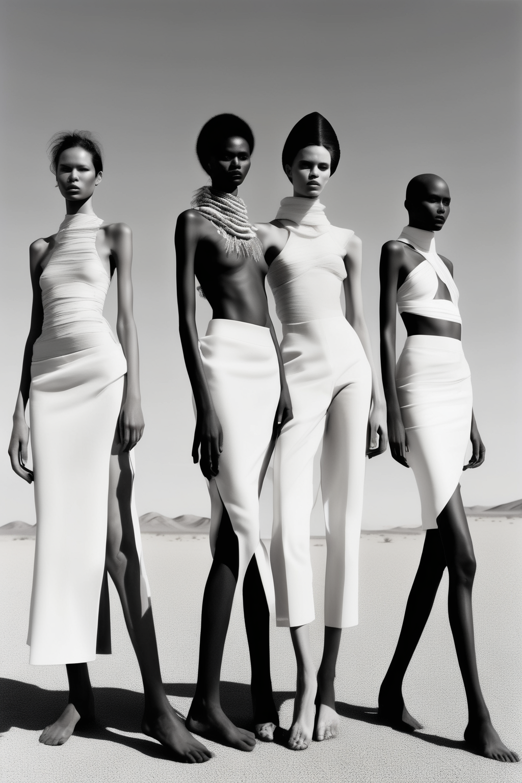 <lora:Zanele Muholi Style:1>Zanele Muholi Style - five female models in the desert, one japanese, one swedish, one african, one latin american, one really dark skinned, the photography is taken in a fashion magazine style, vogue, the photo is taken with a film camera, realistic skin, realistic photo, one dark skinned woman is closer to the camera than the others,wearing clothes inspired by jaquemus spring collection 2023, all clothes are white, photography is black and white