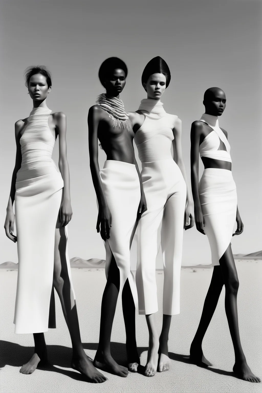 <lora:Zanele Muholi Style:1>Zanele Muholi Style - five female models in the desert, one japanese, one swedish, one african, one latin american, one really dark skinned, the photography is taken in a fashion magazine style, vogue, the photo is taken with a film camera, realistic skin, realistic photo, one dark skinned woman is closer to the camera than the others,wearing clothes inspired by jaquemus spring collection 2023, all clothes are white, photography is black and white
