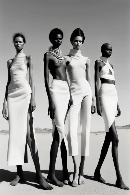 <lora:Zanele Muholi Style:1>Zanele Muholi Style - five female models in the desert, one japanese, one swedish, one african, one latin american, one really dark skinned, the photography is taken in a fashion magazine style, vogue, the photo is taken with a film camera, realistic skin, realistic photo, one dark skinned woman is closer to the camera than the others,wearing clothes inspired by jaquemus spring collection 2023, all clothes are white, photography is black and white