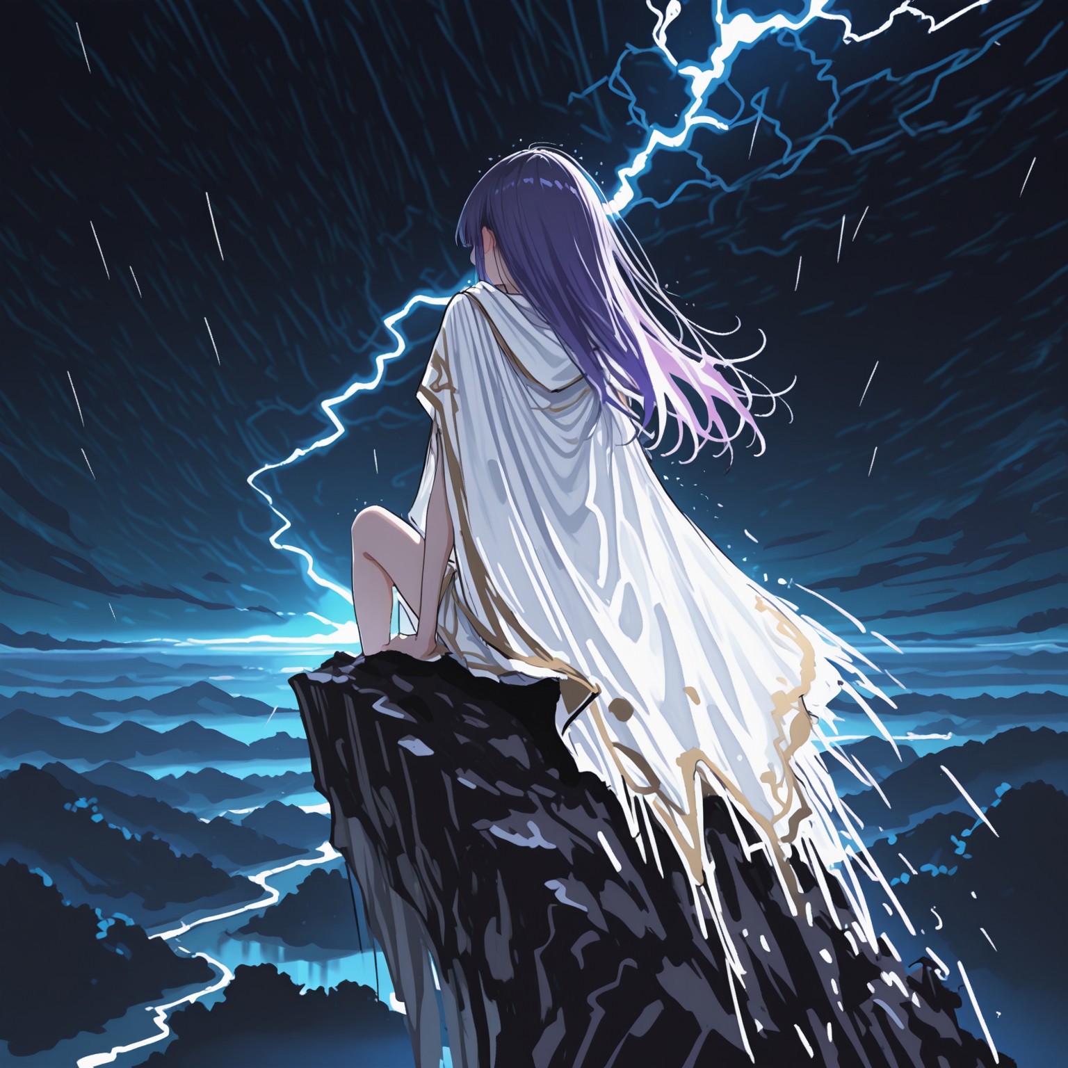 masterpiece, best quality, amazing quality, very aesthetic, absurdres, newest, 8k, 5t4nd1ng_0n_3dg3, ma1ma1helmes_b_illu,sketch, BV-Illu, realistic,
BREAK, 
1girl, solo, from behind, sitting on edge, mountain ledge, horizon, short purple hair, straight hair, leaning back, ornate clothing, white clothing, flowing white cloak, intricate cloak designs, detailed sky, dark skies, night, rain, storm,
BREAK, dynamic lighting, detailed background, dramatic lighting, depth of field, volumetric lighting