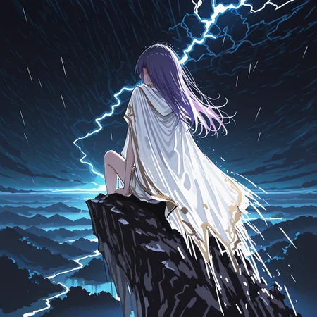 masterpiece, best quality, amazing quality, very aesthetic, absurdres, newest, 8k, 5t4nd1ng_0n_3dg3, ma1ma1helmes_b_illu,sketch, BV-Illu, realistic,
BREAK, 
1girl, solo, from behind, sitting on edge, mountain ledge, horizon, short purple hair, straight hair, leaning back, ornate clothing, white clothing, flowing white cloak, intricate cloak designs, detailed sky, dark skies, night, rain, storm,
BREAK, dynamic lighting, detailed background, dramatic lighting, depth of field, volumetric lighting