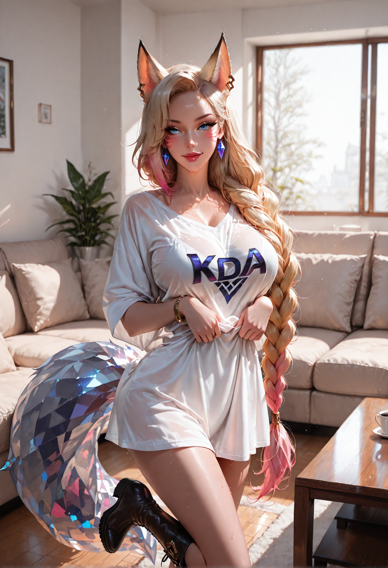 masterpiece, amazing quality, best quality, absurdres, very aesthetic, realistic, detailed body,   (1girl, solo, standing, slightly lifting shirt hem, teasing pose, one leg slightly bent, hips swayed, playful attitude, seductive gaze, confident stance),   (1girl, KDA Ahr1, long_hair, blue_eyes, blonde_hair, pink_hair, multicolored_hair, very long braid, thick braid, gradient_hair, two-tone_hair, animal_ears, fox_ears, facial_mark, whisker_markings, tail, crystal tail, mature female),   (oversized pajama shirt, (long shirt:0.9), semi-sheer fabric, (loose fit:0.9), (silk texture:0.8), (lace bra:0.8), knee-high boots, earrings, bracelet),   (modern living room, plush sofa, coffee table, warm ambient lighting, wooden flooring, cozy atmosphere), (shallow depth of field:0.8),    (large breasts), (toned waist, hourglass figure:0.8), sweat droplets, detailed eyes, realistic eye, natural eyelashes,   detailed skin, natural body, photorealistic details, volumetric lighting, subsurface scattering, warm lighting, HDR Balance, dynamic pose, 8k. Concat/BREAK <lora:1IL\1Char IL\Riot IL\KDA_Ahri_League_of_Legends-000002.safetensors:0.55:0.55> <lora:1IL\QOL IL\realistic filter [IL].safetensors:0.35:0.35> <lora:1IL\Styles IL\ponyv6_noobV1_2_adamW-000017.safetensors:0.4:0.4> <lora:1IL\Styles IL\MoriiMee_Gothic_Niji_Style_Illustrious_r1.safetensors:0.25:0.25> <lora:1IL\Styles IL\spo_sdxl_10ep_4k-data_lora_webui.safetensors:0.2:0.2> <lora:1IL\Styles IL\GENESIS_MK0.4.safetensors:0.25:0.25> <lora:1IL\Styles IL\takeda_hiromitsu_style_illustrious_goofy.safetensors:0.3:0.3>