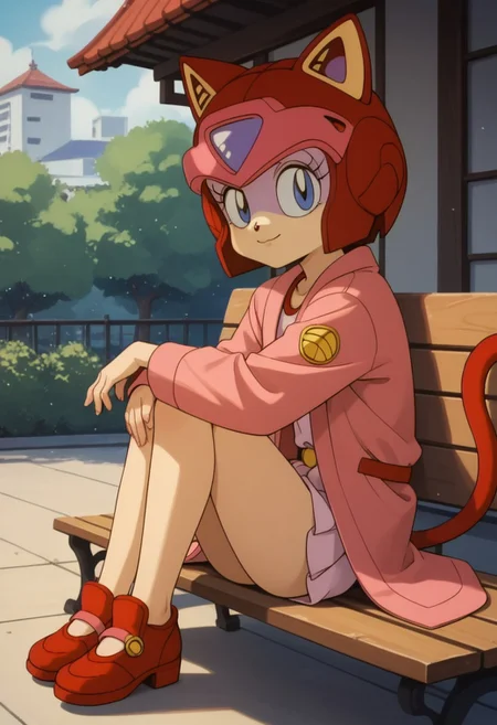 1girl, solo, Pururun, cat girl, two-tone fur, android, petite, score_9, score_8_up, score_7_up, score_6_up, score_5_up, score_4_up, (beautiful summer Park background:1,5), sitting on bench, short legs, red cat tall, looking at viewer, 3/4 side view, slightly smile, hands on knees, pink kimono