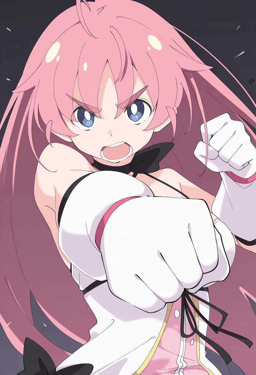 1girl, solo, rinlilustea, mahoutouki, magical girl, medium breasts, pink hair, ahoge, long hair, hair down, thick eyebrows, blue eyes, white pupils, open mouth, serious, punching, upper body, foreshortening, looking at viewer, shouting,