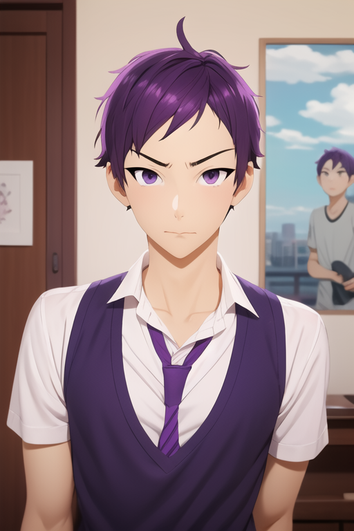 masterpiece, best quality, high quality, 1boy, solo, male focus, looking at viewer, upper body, <lora:tooru_ishikawa:0.84>, tooru_ishikawa, purple hair, purple eyes, ,