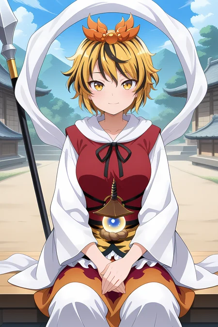 absurdres, highres, masterpiece, best quality, amazing quality, official anime artwork, screencap, anime screencap, outdoors, looking at viewer, light smile, 
 <lora:Shou-Toramaru_Illustrious:1> toramaru shou, 1girl, solo, two-tone hair, blonde hair, black hair, yellow eyes, short hair, streaked hair,, hair ornament, red dress, white sleeves, long sleeves, wide sleeves, red skirt, tiger print, white pants, shawl, bishamonten's spear, bishamonten's pagoda