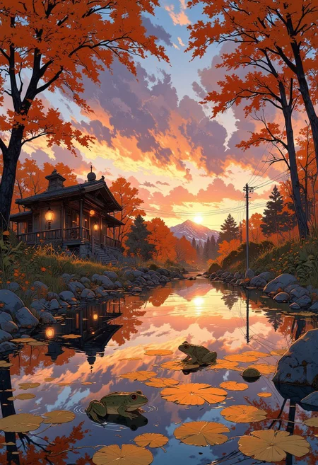 As the sun sets over a quiet autumn garden, the sky turns into a dreamy canvas of lavender, orange, and rose gold. A gentle breeze sends fiery maple leaves dancing across the pond’s surface, where two tiny, speckled tree frogs rest on golden-red lily pads. The water reflects the burning hues of the sky, blending reality with a surreal warmth. In the distance, a small tea house with glowing lanterns invites weary travelers, and the air smells of fallen leaves, warm earth, and faint hints of roasted chestnuts. A scene filled with nostalgia, tranquility, and soft enchantment.
VibrantlySharp style., Anime art