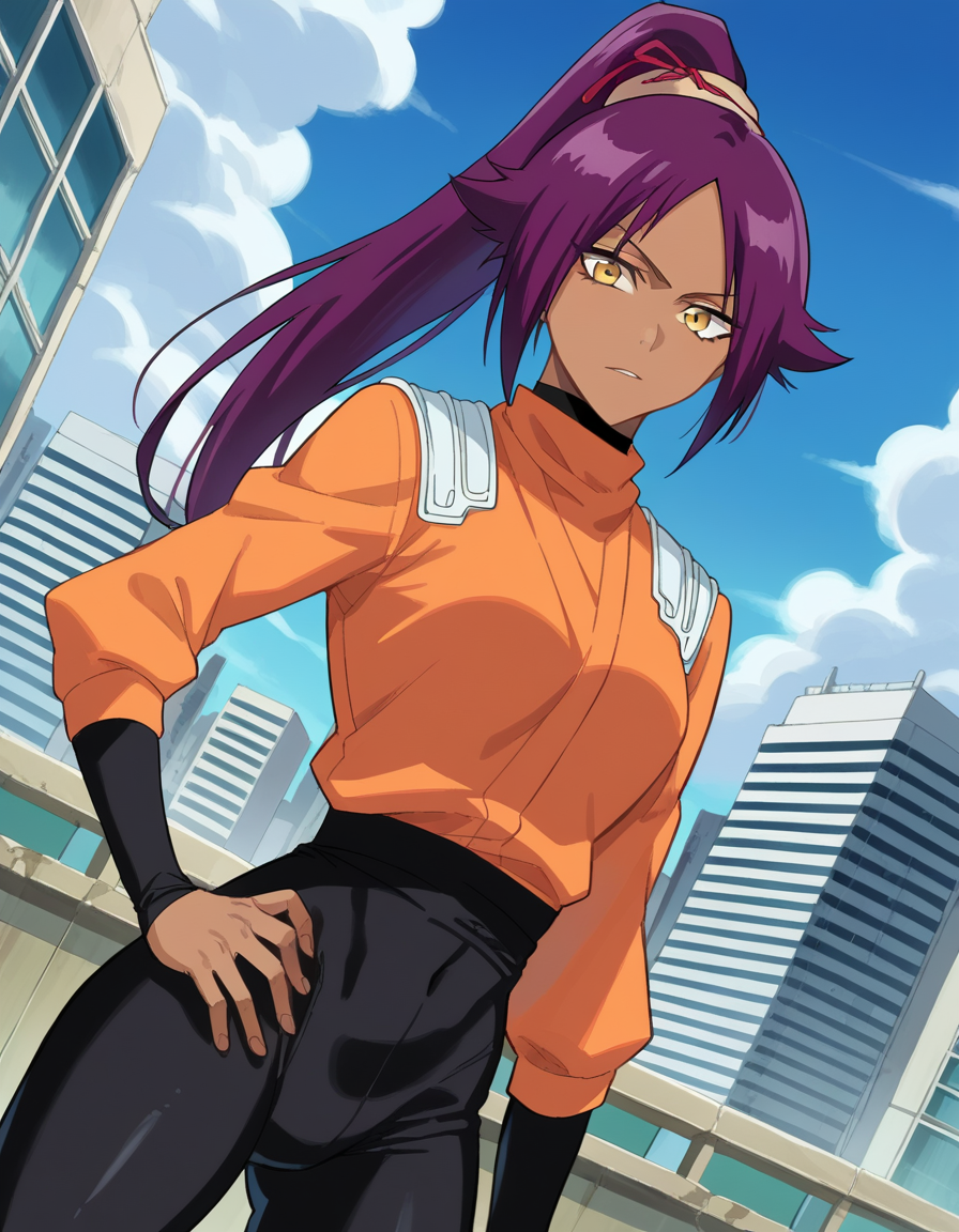 score_9, score_8_up, score_7_up, source_anime,
yoruichishihouin, <lora:yoruichi-shihouin-ponyxl-lora-nochekaiser:1>
yoruichi shihouin, long hair, yellow eyes, ponytail, purple hair, dark skin, dark-skinned female,
bodysuit, black bodysuit, bodysuit under clothes, orange shirt, long sleeves,
outdoors, cityscape,
looking at viewer, dutch angle, cowboy shot,