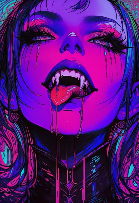 expressiveh, score_9, score_8_up, score_7_up, score_6_up, score_5_up, score_4_up, godrays ,A surreal, digital artwork featuring a close-up of a wide-open mouth with sharp, fang-like teeth. The tongue is elongated and dripping with a swirling, psychedelic liquid in hues of blue, purple, and pink. The background is dark, emphasizing the vibrant, trippy effect. The style is abstract and dreamlike, reminiscent of 1960s psychedelic art.