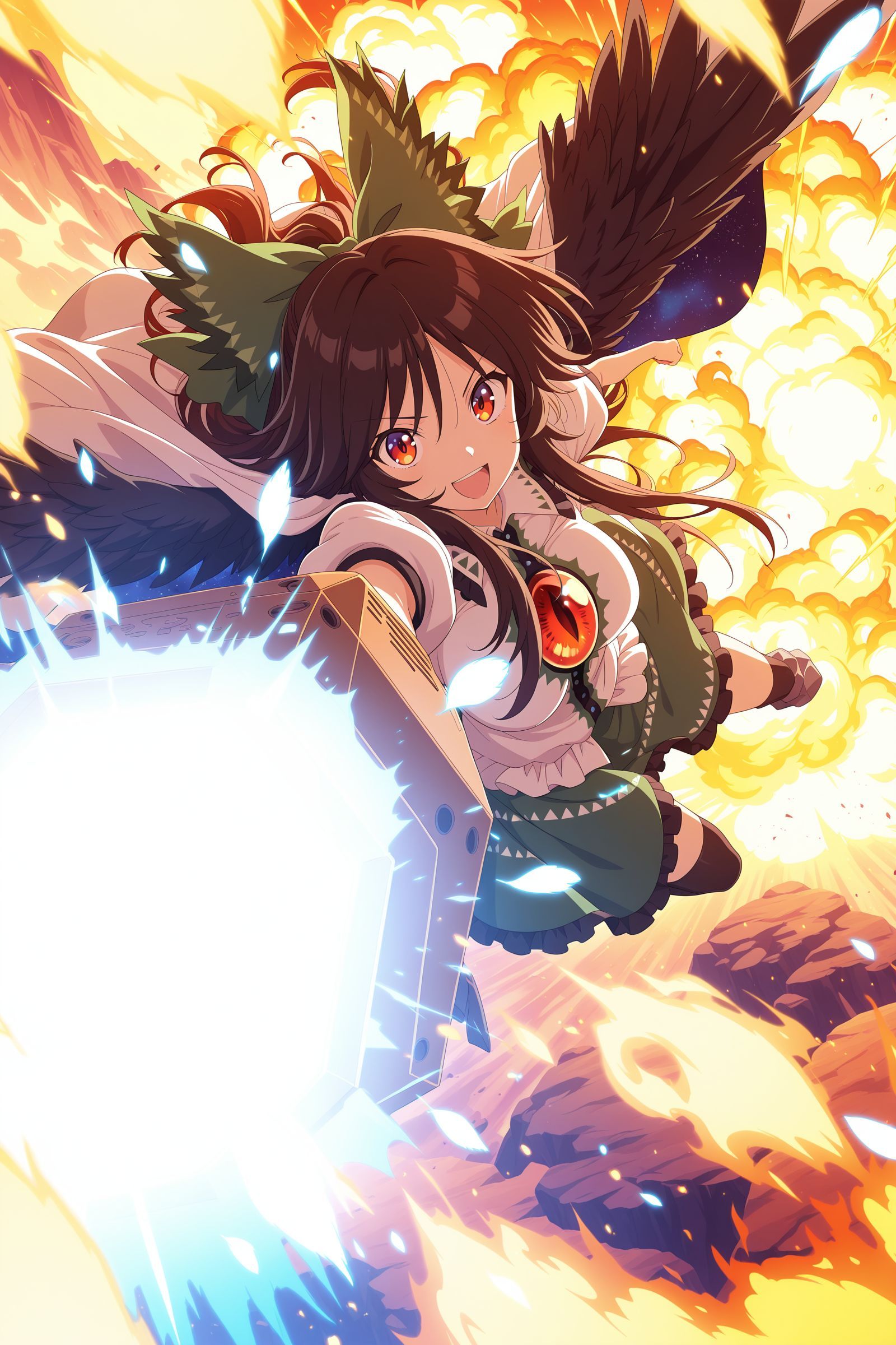 aiming at viewer, arm cannon, burning, embers, explosion, feathered wings, fire, firing, flame, looking at viewer, molten rock, open mouth, orange sky, sparks, sun, sunset, third eye, weapon, 
absurdres, highres, masterpiece, best quality, amazing quality, official anime artwork, screencap, anime screencap, 
 <lora:Utsuho-Reiuji_IllustriousV1.1.safetensors:1> reiuji utsuho, 1girl, solo, brown hair, green bow, hair bow, black wings, bird wings, third eye, medium large breasts,, arm cannon, green skirt, white cape, white shirt, puffy short sleeves, clenched hand,  :d, buttons,