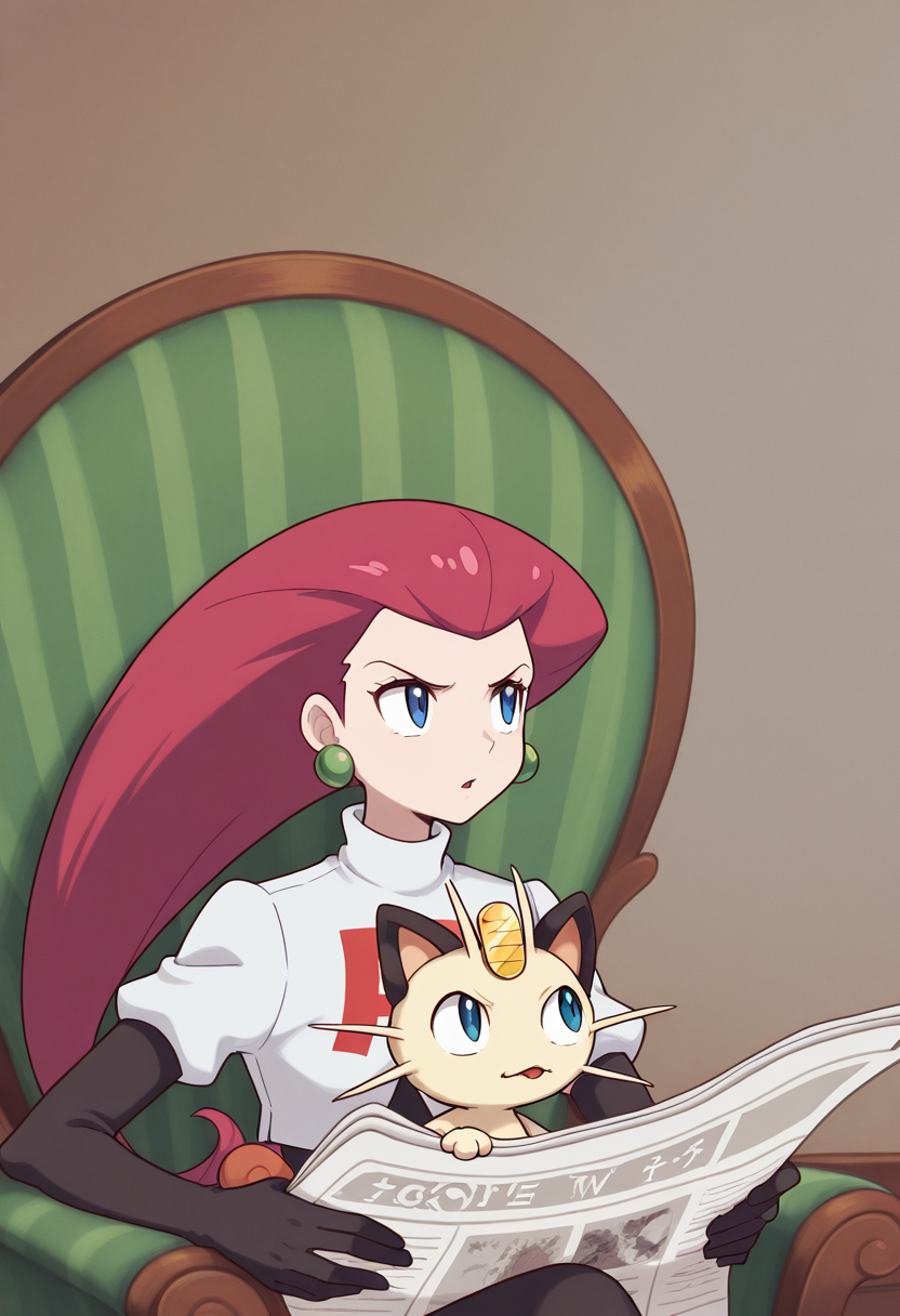 masterpiece, best quality, Graphic Design, color art, vibrant colors, colorful, intricate details, high contrast, detailed background, beautiful detailed, beautiful face, detailed eyes, detailed face, new, newest, trtn, frown, parted lips, looking away, holding, newspaper, sitting, chair, 1girl, jessie (pokemon), pokemon, meowth, upper body, room, 