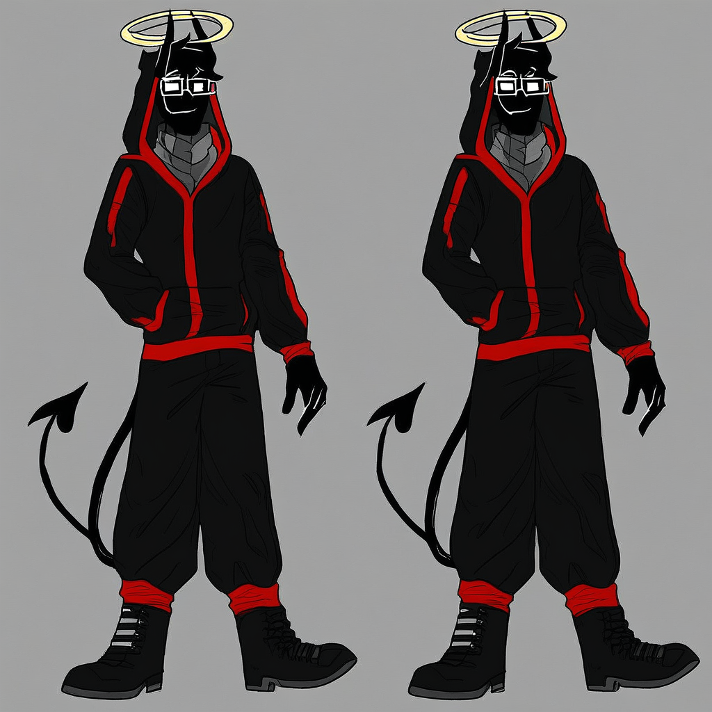 BadBoyHalo, demon, pure black skin, pure white eyes, base outfit, hoodie, hood up, long pants, boots, glasses, Square Glasses, horns, halo, tail, Male