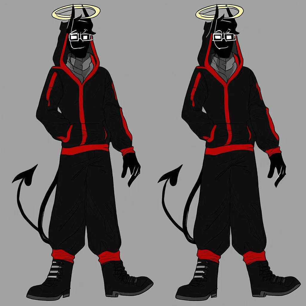BadBoyHalo, demon, pure black skin, pure white eyes, base outfit, hoodie, hood up, long pants, boots, glasses, Square Glasses, horns, halo, tail, Male
