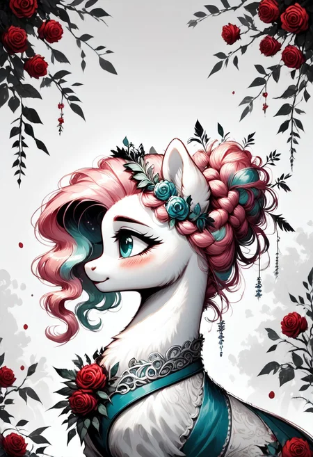 core_9, score_8_up, score_7_up, score_5_up, source_anime, (masterpiece, ultra-detailed, cinematic lighting, hyper-detailed facial features), pony, Fluttershy, side profile, (elegant and melancholic pose), soft and feminine facial features, large expressive glowing eyes with intricate iris detail, delicate and long eyelashes, subtly blushing cheeks, smooth and flawless skin texture, long flowing pastel-pink hair cascading softly with fine strand detail, (thorned roses braided into her hair), (ultra-fluffy fur), subtle ethereal glow around her silhouette, intricate dark floral crown with glowing red accents, glowing eyes and roses creating a striking contrast, (greyscale, monochrome), soft glowing highlights on fur and hair, painterly style with fine textures, Ink Tapestry style, artistic elegance, dynamic composition with serene and mysterious atmosphere.