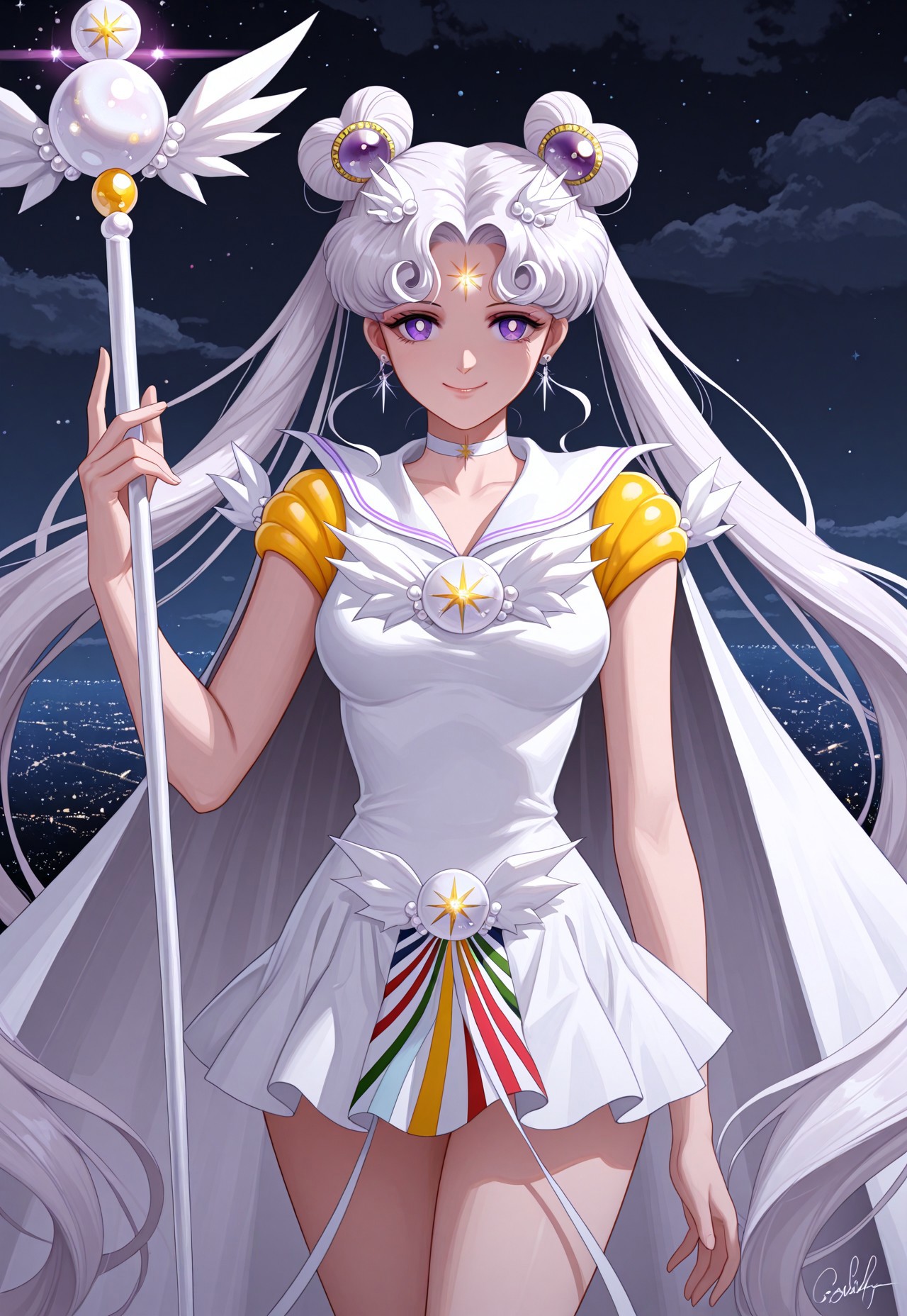 masterpiece, best quality, Sailor Cosmos, 1girl, solo, long hair, smile, skirt, hair ornament, dress, twintails, jewelry, very long hair, purple eyes, white hair, earrings, sky, choker, signature, sailor collar, hair bun, cape, white dress, double bun, night, facial mark, short dress, magical girl, staff, white sailor collar, hairpin, forehead mark, white choker, sailor senshi uniform