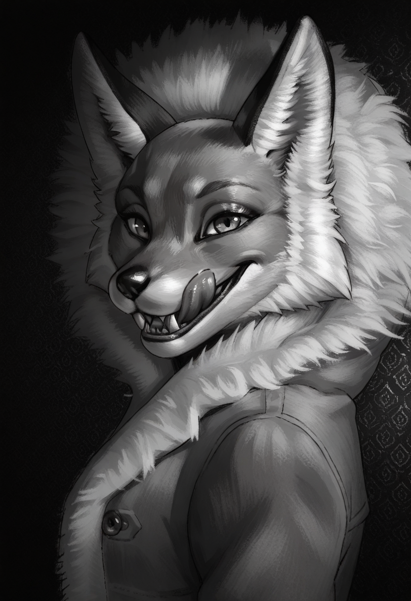 Graphic Design, greyscale, monochrome, intricate details, high contrast, detailed background, beautiful detailed, beautiful face, detailed eyes, detailed face, new, z41ch1k, 1girl, solo, furry, fox, portrait, fur trim, coat, looking at viewer, sharp teeth, licking lips, tongue out, smile, dynamic pose, black background, from side, head up, (masterpiece, best quality, newest, recent, absurdres), 